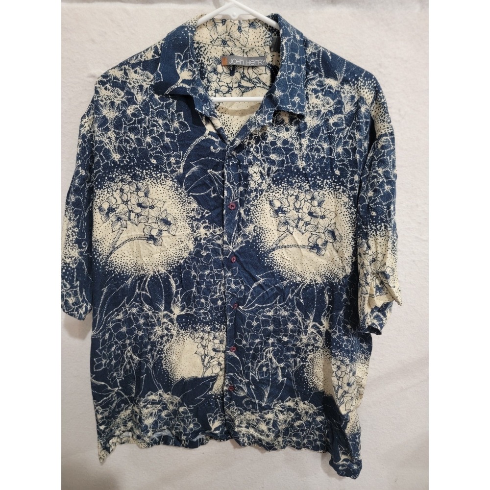 Vintage John Henry Mens XXL Shirt 100% Rayon Blue Cream Batik Floral 90s Aloha